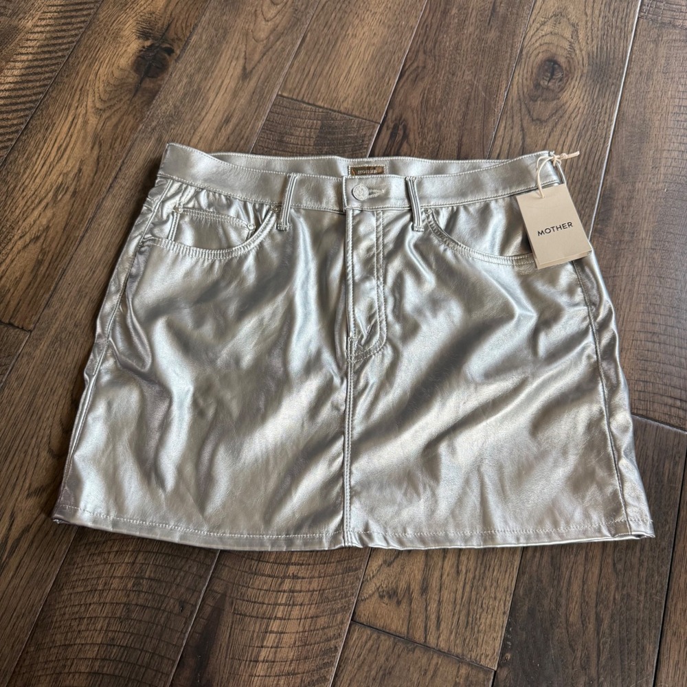 Mother The Vagabond Zip Mini Skirt Silver Dagger Metallic Faux Leather 33 NEW